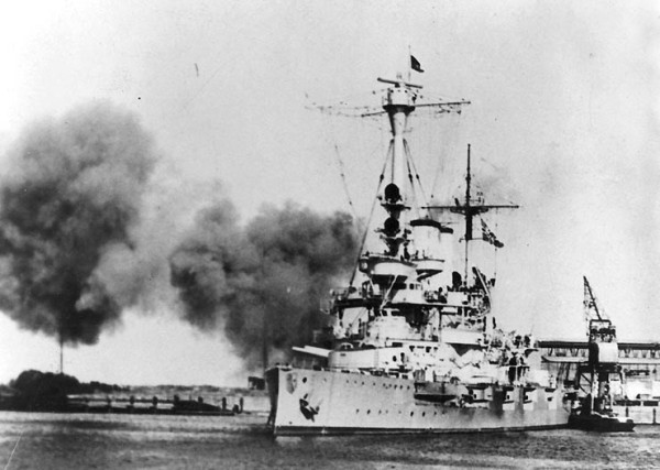Schleswig-Holstein fires on Polish positions at the Port of Danzig on Sept 1, 1939.